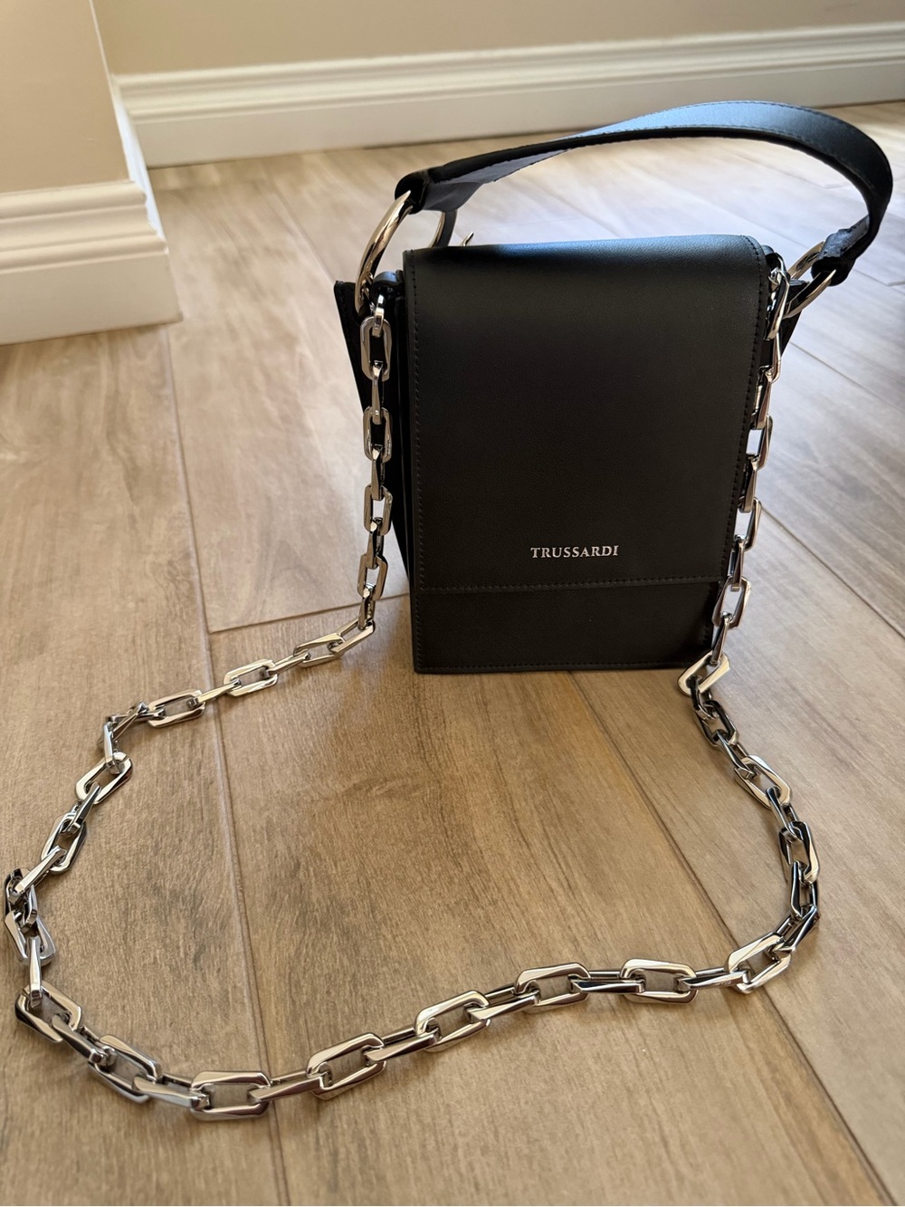 Trussardi Black Leather Messenger Bag with Silver Chain
